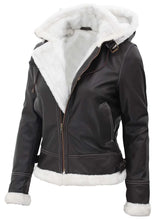 Womens Shearling Dark Brown Bomber Leather Jacket with Removable Hood