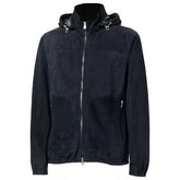 Mens Navy Blue Suede Leather Jacket With Hood