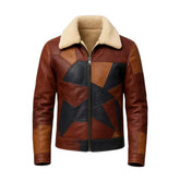 Men's Vintage Patchwork Leather Aviator Jacket with Faux Shearling Collar Brown & Black
