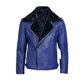 Men's Blue Leather Shearling Moto Jacket