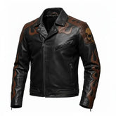 Men’s Skull Flame Leather Jacket Handmade Biker Coat Punk Rock Motorcycle Cowhide Back Style