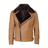 Men's Camel Brown Shearling Leather Moto Jacket