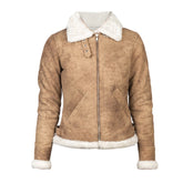 Women White Shearling B-3 Leather Bomber Distressed Beige Jacket