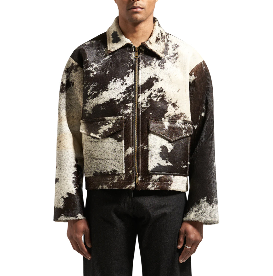 Boxy Cowhide Hair on Hide Leather Jacket Brown & White Cow Print