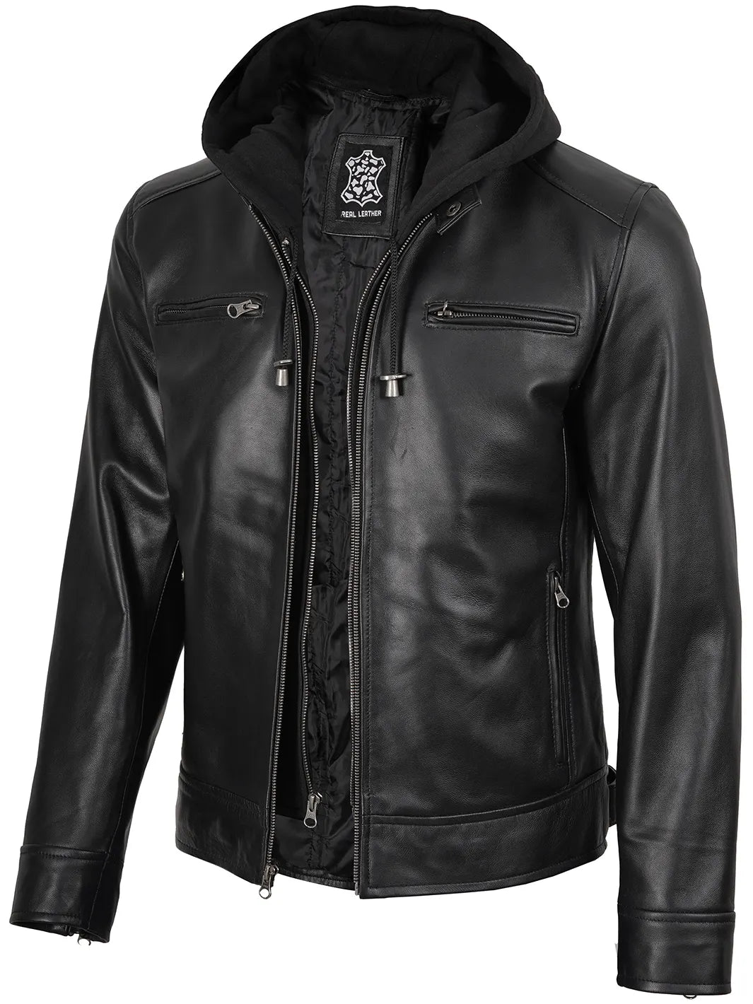 Men's Black Biker Style Leather Jacket with Removable Hood