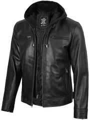 Men's Black Biker Style Leather Jacket with Removable Hood