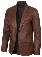 Mens Two Button Cognac Wax Leather Blazer