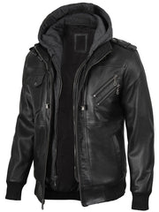 Men's Black Bomber Leather Jacket with Removable Hood