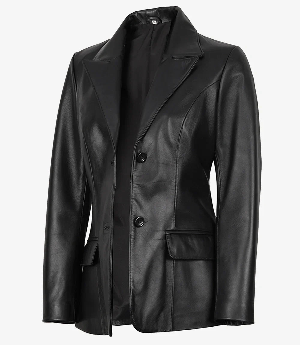 Vicenza Women's Black Two-Button Leather Blazer