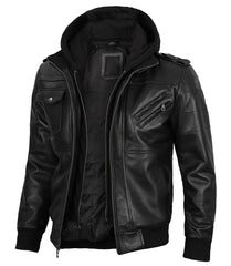 Edinburgh Mens Black Bomber Leather Jacket With Removable Hood