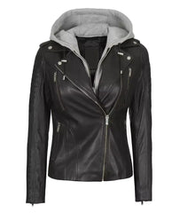 Womens Black Leather Biker Jacket With Removable Hood