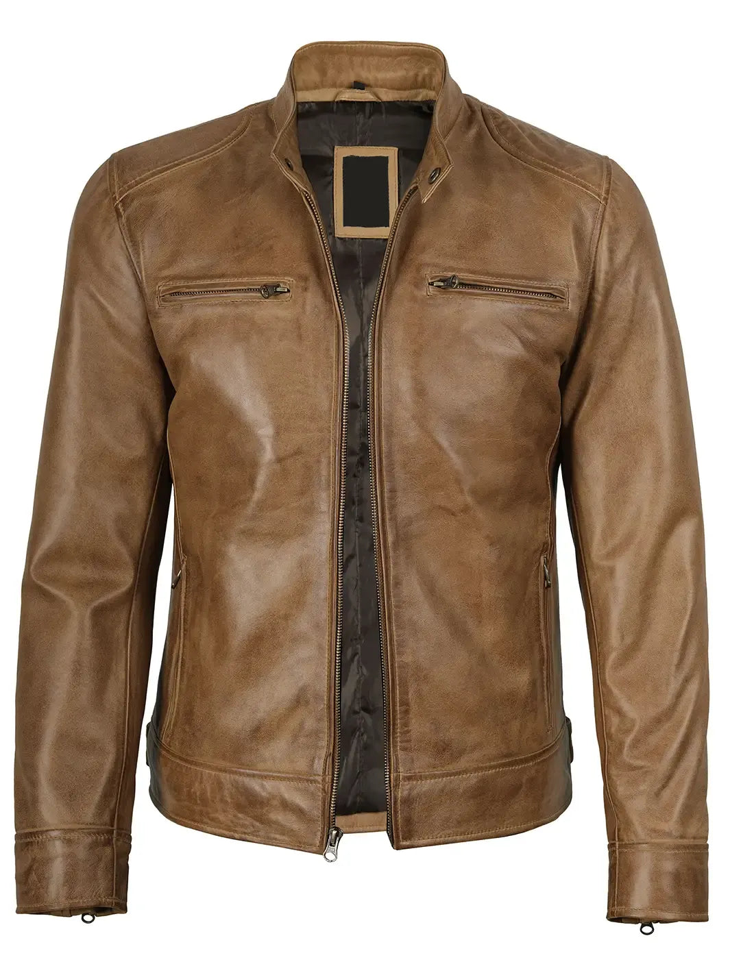 Dodge Men's Camel Brown Leather Cafe Racer Jacket