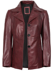 Women's Real Leather Burgundy Blazer with Three Button
