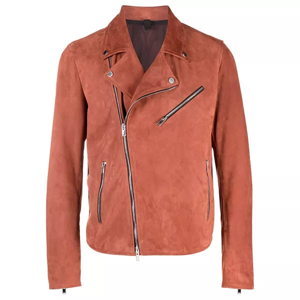 Mens Orange Suede Moto Asymmetrical Collar Jacket