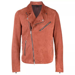 Mens Orange Suede Moto Asymmetrical Collar Jacket
