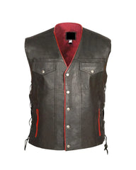 Mens Black Genuine Leather Vest with Red Lining