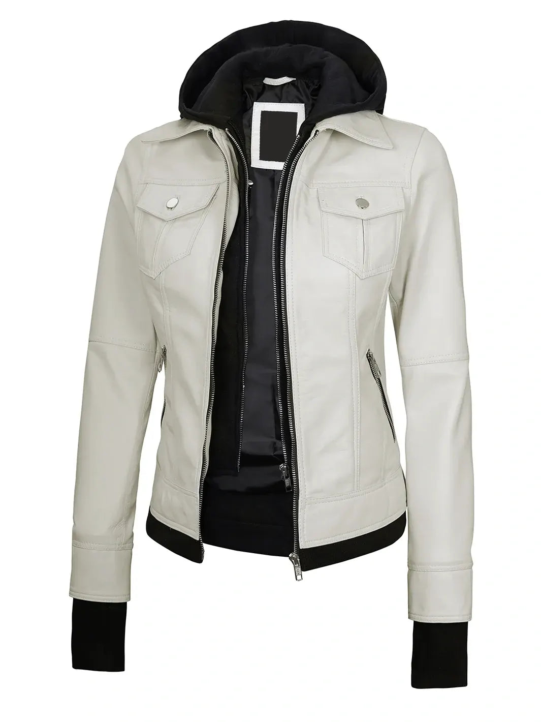 Womens Off White Biker Style Leather Jacket with Hood