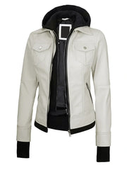 Womens Off White Biker Style Leather Jacket with Hood