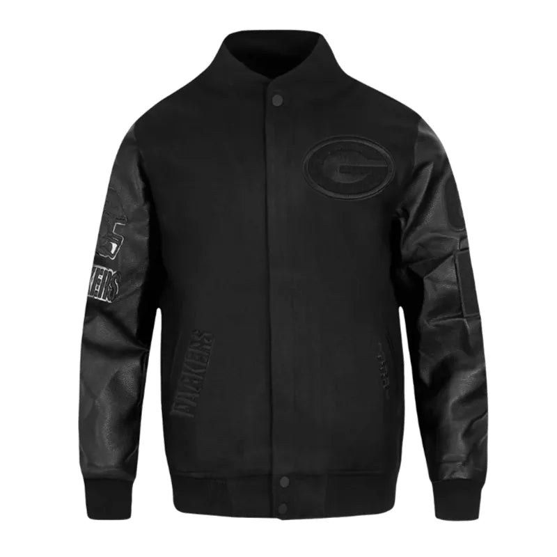 Green Bay Packers Triple Black Varsity Wool-Leather Jacket