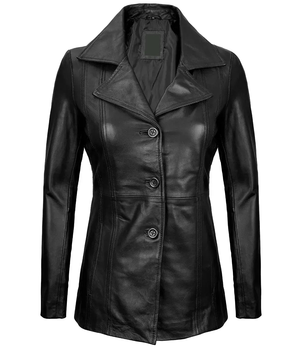 Womens Black Leather Blazer with Three Button