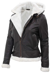 Womens Shearling Dark Brown Bomber Leather Jacket with Removable Hood