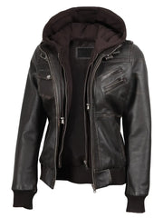 Women's Dark Brown Rub Off Leather Jacket with Removable Hood
