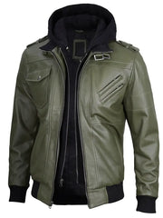 Men's Military Green Leather Jacket with Removable Hood