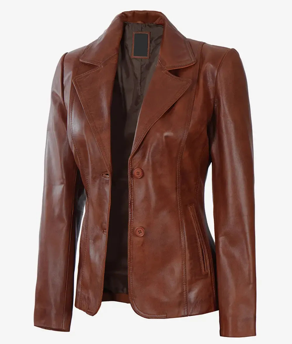 Women's Two Button Cognac Leather Blazer