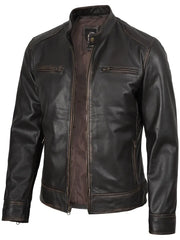 Dodge Men's Rub-Off Dark Brown Cafe Racer Leather Jacket