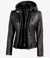 Women's Black Leather Jacket With Removable Hood