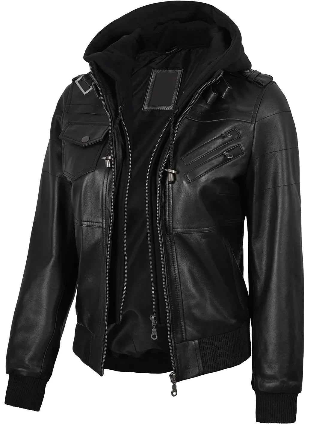 Edinburgh Women's Bomber Black Leather Jacket with Removable Hood