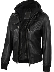 Edinburgh Women's Bomber Black Leather Jacket with Removable Hood