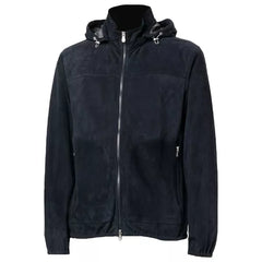 Mens Navy Blue Suede Leather Jacket With Hood