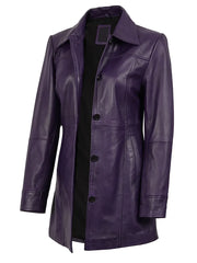 Kandis Women's Leather Purple 3/4 Length Car Coat