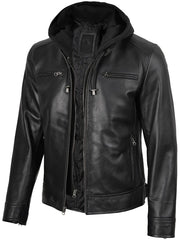 Men's Black Biker Style Leather Jacket with Removable Hood