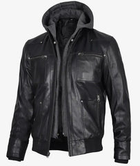 Mens Black Bomber Leather Jacket with Removable Hood