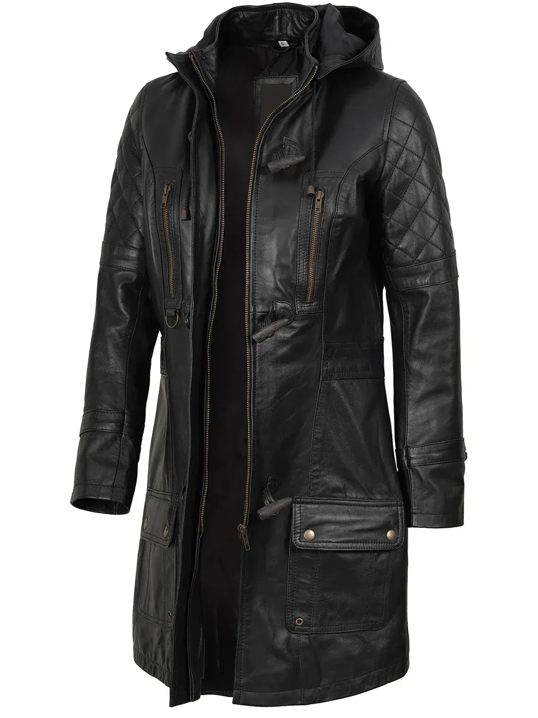 Women’s Black 3/4 Length Leather Coat With Hood