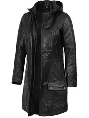 Women’s Black 3/4 Length Leather Coat With Hood