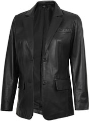 Women's Two Button Black Real Leather Blazer