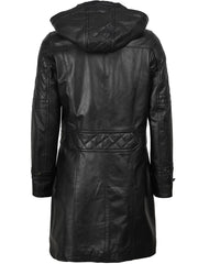 Women’s Black 3/4 Length Leather Coat With Hood