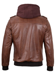 Edinburgh Mens Brown Bomber Leather Jacket With Removable Hood