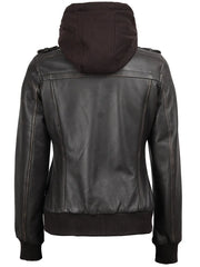 Women's Dark Brown Rub Off Leather Jacket with Removable Hood