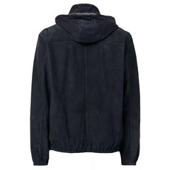 Mens Navy Blue Suede Leather Jacket With Hood