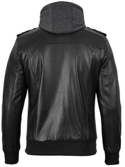 Men's Black Bomber Leather Jacket with Removable Hood