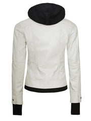 Womens Off White Biker Style Leather Jacket with Hood