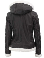 Womens Shearling Dark Brown Bomber Leather Jacket with Removable Hood