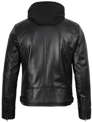 Men's Black Biker Style Leather Jacket with Removable Hood