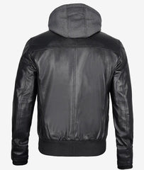 Mens Black Bomber Leather Jacket with Removable Hood