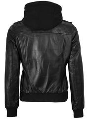 Edinburgh Women's Bomber Black Leather Jacket with Removable Hood