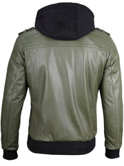 Men's Military Green Leather Jacket with Removable Hood
